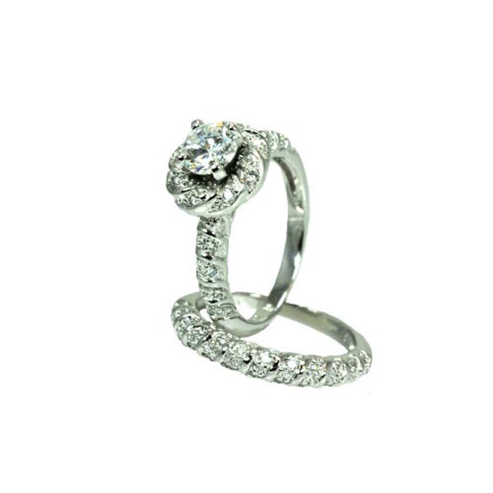Sterling Silver Rhodium Plated Micro Pave Set Clear Square Center CZ Flower Engagement Ring Set