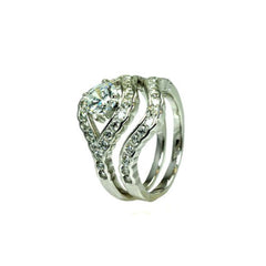Sterling Silver Rhodium Plated Clear Micro Pave Set CZ Estate Engagement Ring Set