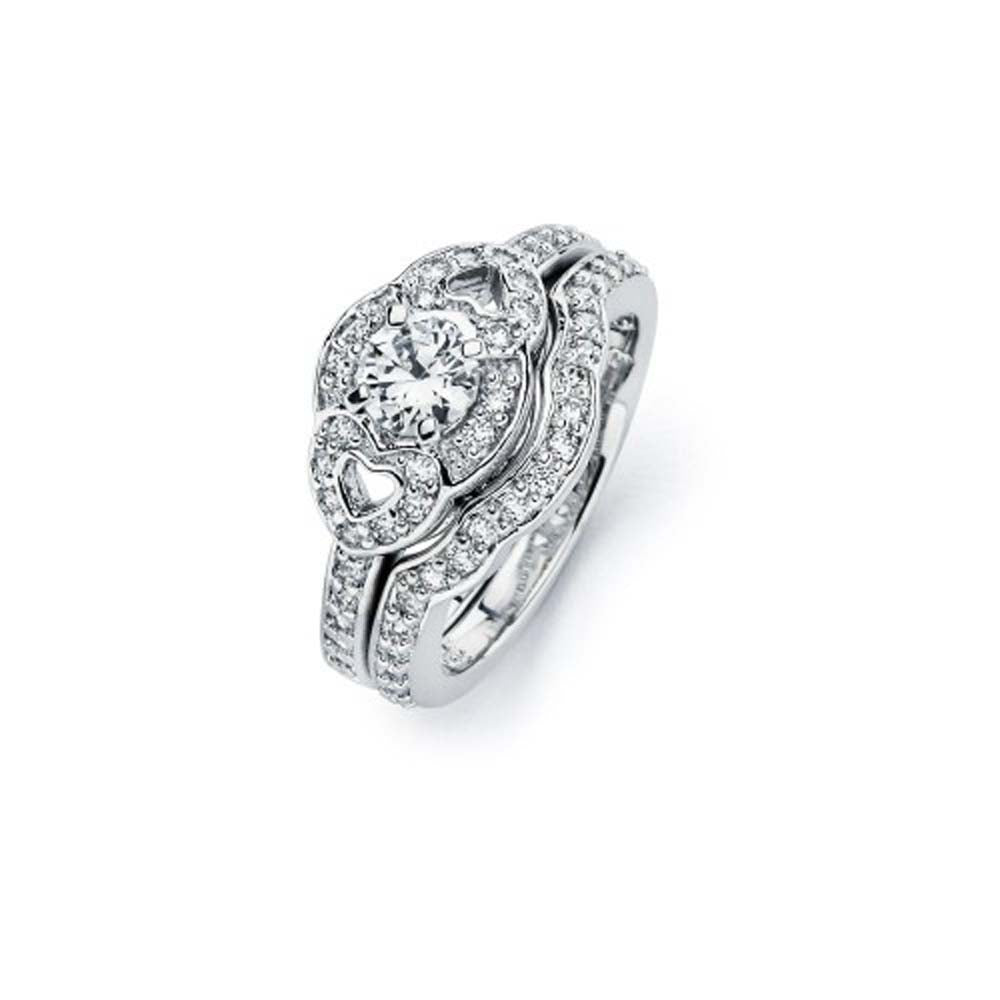 Sterling Silver Rhodium Plated Clear CZ Heart Engagement Ring Set