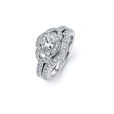 Sterling Silver Rhodium Plated Clear CZ Heart Engagement Ring Set