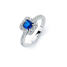 Load image into Gallery viewer, Sterling Silver Classy Solitaire Princess Cut Blue Sapphire Cz with Paved Halo Setting Ring