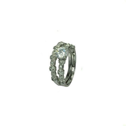 Sterling Silver Rhodium Plated Clear Micro Pave Set and Round Center CZ Delicate Estate Ring Set