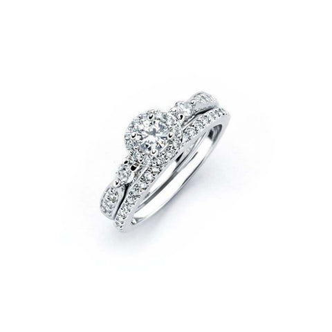 Sterling Silver Rhodium Plated Clear Round CZ Engagement Ring Set
