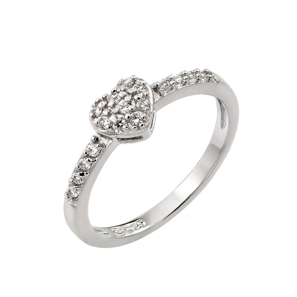 Sterling Silver Rhodium Plated Clear Inlay CZ April Birthstone Heart Ring