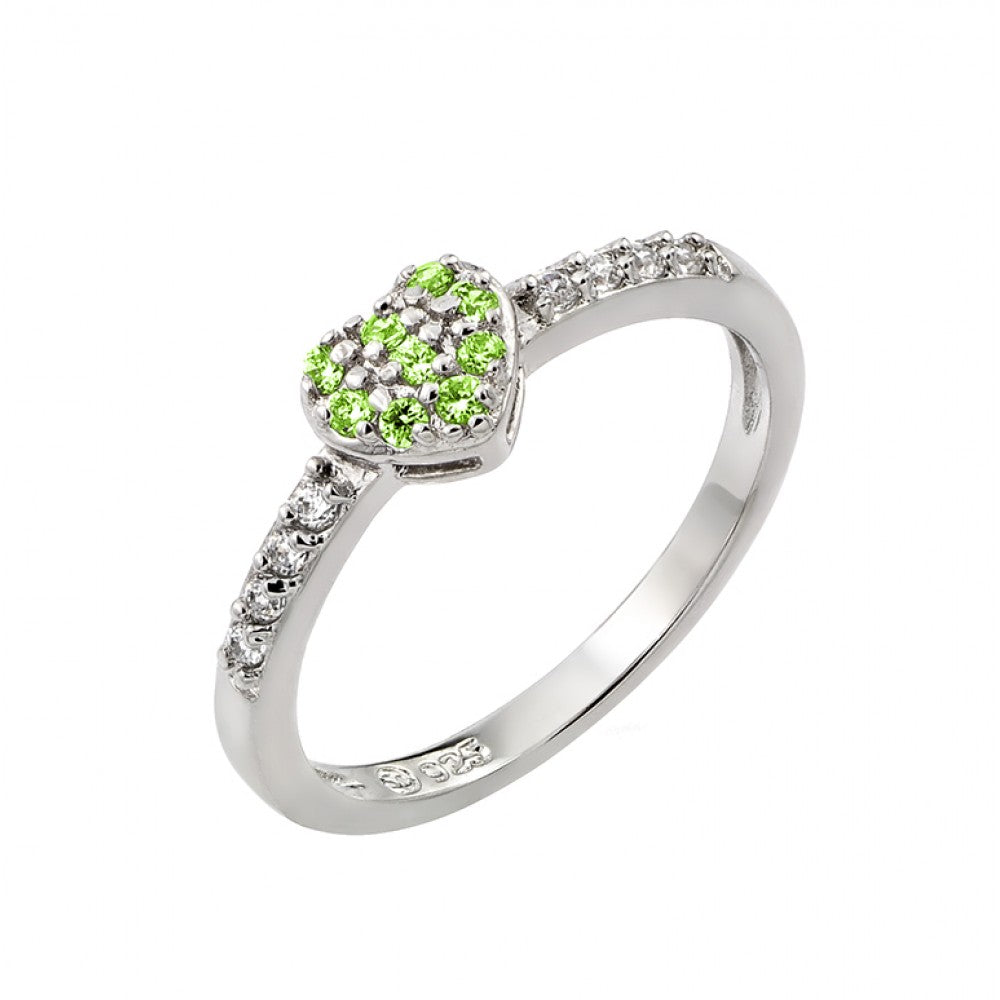 Sterling Silver Rhodium Plated Clear Inlay CZ August Birthstone Heart Ring