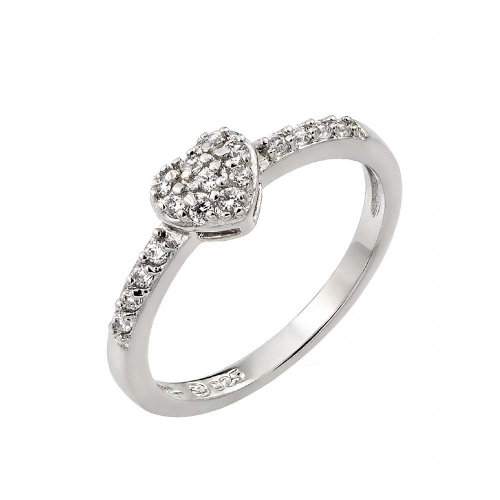 Sterling Silver Trendy Small Paved Heart Design March Birthstone Ring, Dimensions of 6.4MMx5.5MM