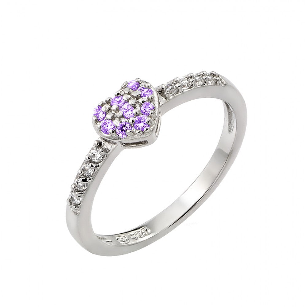 Sterling Silver Rhodium Plated Clear Inlay CZ February Birthstone Heart Ring