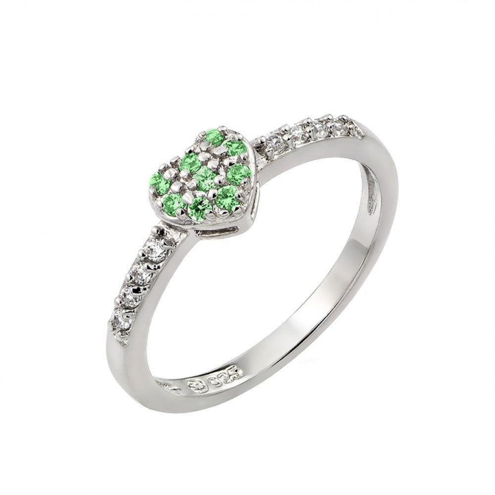 Sterling Silver Rhodium Plated Clear Inlay CZ May Birthstone Heart Ring