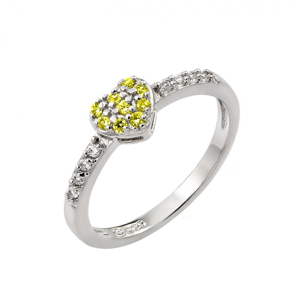 Sterling Silver Rhodium Plated Clear Inlay CZ November Birthstone Heart Ring