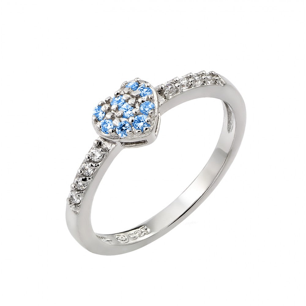 Sterling Silver Rhodium Plated Clear Inlay CZ September Birthstone Heart Ring