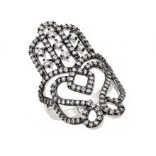 Load image into Gallery viewer, Sterling Silver Nickel Free Oxidized Rhodium Plated Hamsa Hand Shaped Ladies Ring With CZ StonesAnd Width 1mm