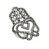 Sterling Silver Nickel Free Oxidized Rhodium Plated Hamsa Hand Shaped Ladies Ring With CZ StonesAnd Width 1mm