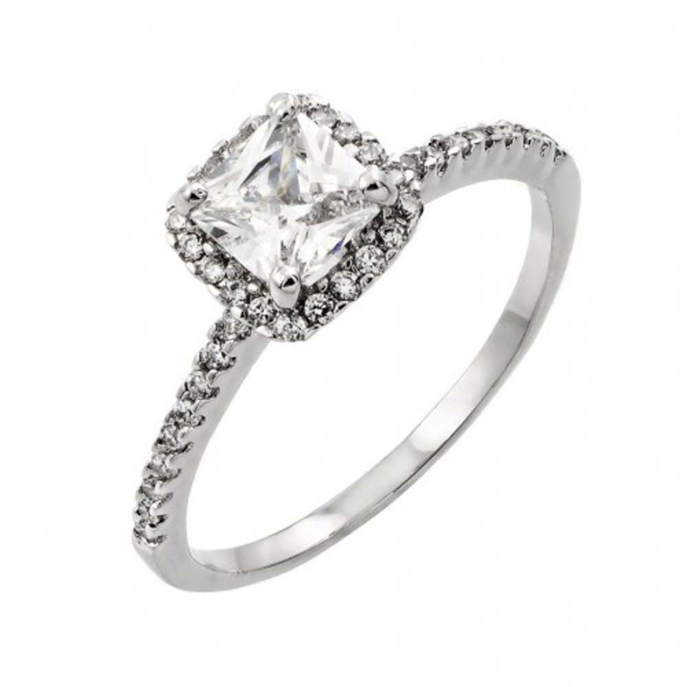 Sterling Silver Rhodium Plated Square Shaped Ring With CZ Stones