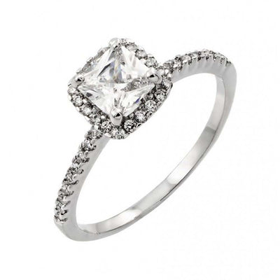 Sterling Silver Rhodium Plated Square Shaped Ring With CZ Stones