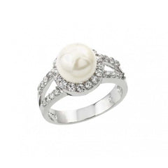 Sterling Silver Rhodium Plated Clear Cluster CZ Synthetic Pearl Ring