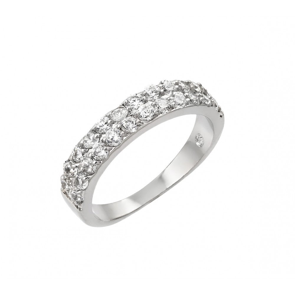 Sterling Silver Rhodium Plated Clear Inlay CZ 2 Row Half Ring