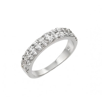 Sterling Silver Rhodium Plated Clear Inlay CZ 2 Row Half Ring