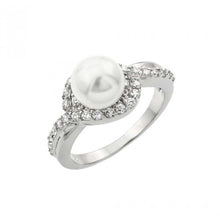 Load image into Gallery viewer, Sterling Silver Rhodium Plated Clear Cluster CZ Synthetic Pearl Ring