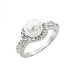 Sterling Silver Rhodium Plated Clear Cluster CZ Synthetic Pearl Ring