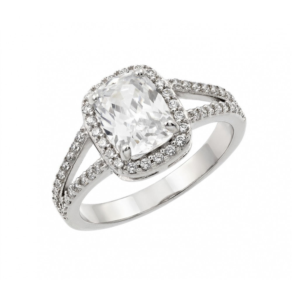 Sterling Silver Rhodium Plated Clear Rectangular Center and Cluster CZ Bridal Engagement Ring
