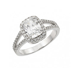 Sterling Silver Rhodium Plated Clear Rectangular Center and Cluster CZ Bridal Engagement Ring