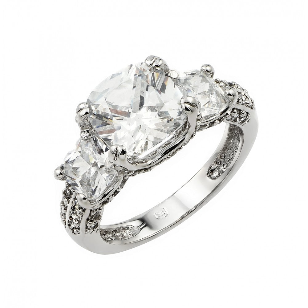 Sterling Silver Rhodium Plated Past Present Future Square CZ Ring