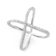Load image into Gallery viewer, Sterling Silver Rhodium Plated Wavy X Shaped Ring With CZ Stones