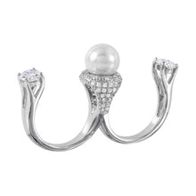 Load image into Gallery viewer, Sterling Silver Two Finger Open Ring with Clear Cz Accents and Centered White Pearl