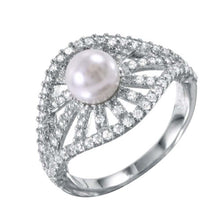 Load image into Gallery viewer, Sterling Silver Stylish Radial Bursts Design ith Clear Cz Accents and Centered White Pearl Ring