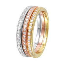 Load image into Gallery viewer, Sterling Silver Rhodium Plated Tri Color Round Stackable Eternity Ring