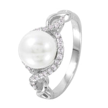 Load image into Gallery viewer, Sterling Silver Rhodium Plated Classy White Faux Pearl Infinity Band Ring with Clear Cz Accent