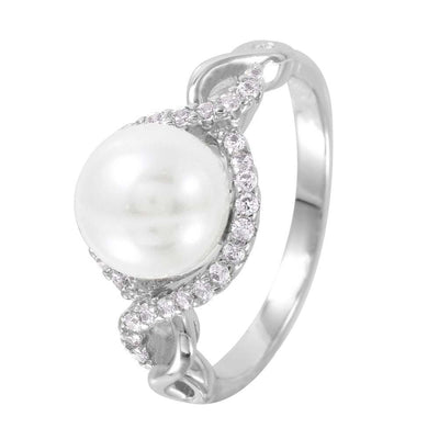 Sterling Silver Rhodium Plated White Faux Pearl Infinity Band Ring with Clear Cz Accent