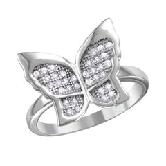Sterling Silver Rhodium Plated Butterfly Ring With Micro Pave CZ Stones