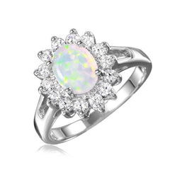 Sterling Silver Rhodium Plated Oval Halo Ring With Synthetic Opal Center Stone