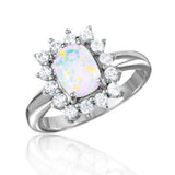 Sterling Silver Rhodium Plated Rectangle Halo Ring With Synthetic Opal Center