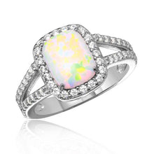 Load image into Gallery viewer, Sterling Silver Rhodium Plated Halo Ring With Synthetic Baguette Opal And CZ