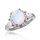 Sterling Silver Rhodium Plated Halo Ring With Synthetic Oval Opal And CZ
