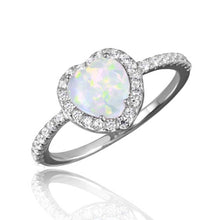 Load image into Gallery viewer, Sterling Silver Rhodium Plated Halo Heart Ring With Synthetic Opal And CZ