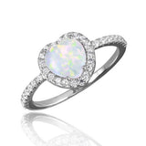 Sterling Silver Rhodium Plated Halo Heart Ring With Synthetic Opal And CZ
