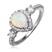 Load image into Gallery viewer, Sterling Silver Rhodium Plated Halo Pear Ring With Synthetic Opal And CZ