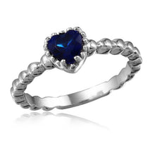 Load image into Gallery viewer, Sterling Silver Rhodium Plated Beaded Band Blue Heart Center Stone RingAnd Width 5mm