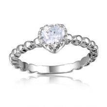 Load image into Gallery viewer, Sterling Silver Rhodium Plated Beaded Band Clear Heart Center Stone RingAnd Width 5mm