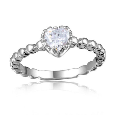 Sterling Silver Rhodium Plated Beaded Band Clear Heart Center Stone RingAnd Width 5mm