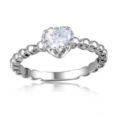 Sterling Silver Rhodium Plated Beaded Band Clear Heart Center Stone RingAnd Width 5mm