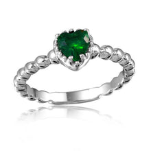 Load image into Gallery viewer, Sterling Silver Rhodium Plated Beaded Band Green Heart Center Stone RingAnd Width 5mm