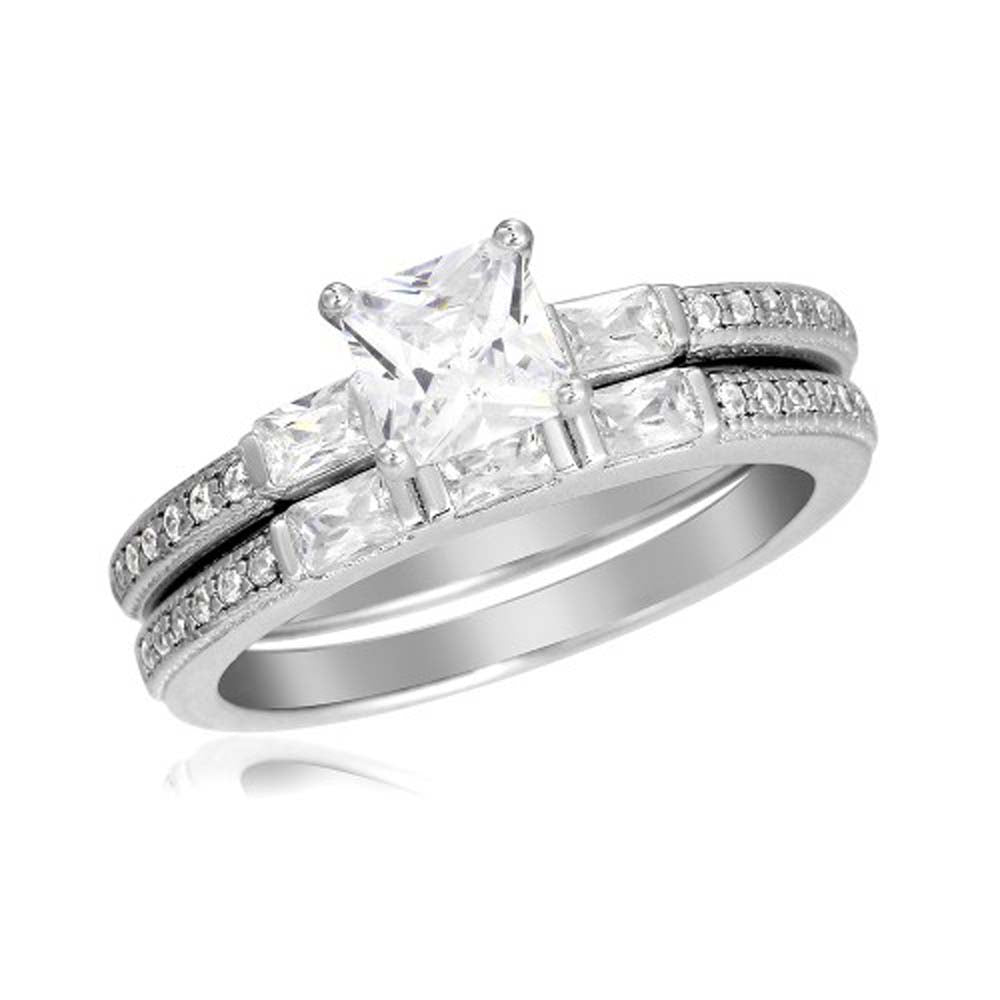 Sterling Silver Rhodium Plated Micro Pave Shank Square Center Stone Wedding Ring Set