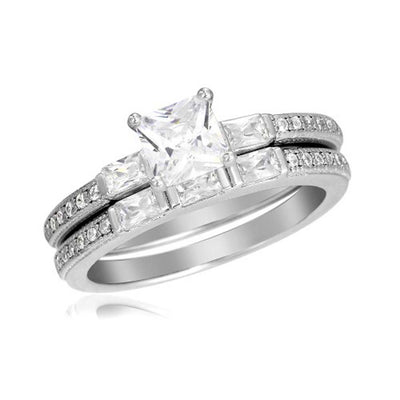 Sterling Silver Rhodium Plated Micro Pave Shank Square Center Stone Wedding Ring Set