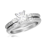 Sterling Silver Rhodium Plated Micro Pave Shank Square Center Stone Wedding Ring Set