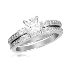 Sterling Silver Rhodium Plated Micro Pave Shank Square Center Stone Wedding Ring Set
