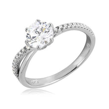 Load image into Gallery viewer, Sterling Silver Rhodium Plated Twisted CZ Shank Round Center Stone Ring